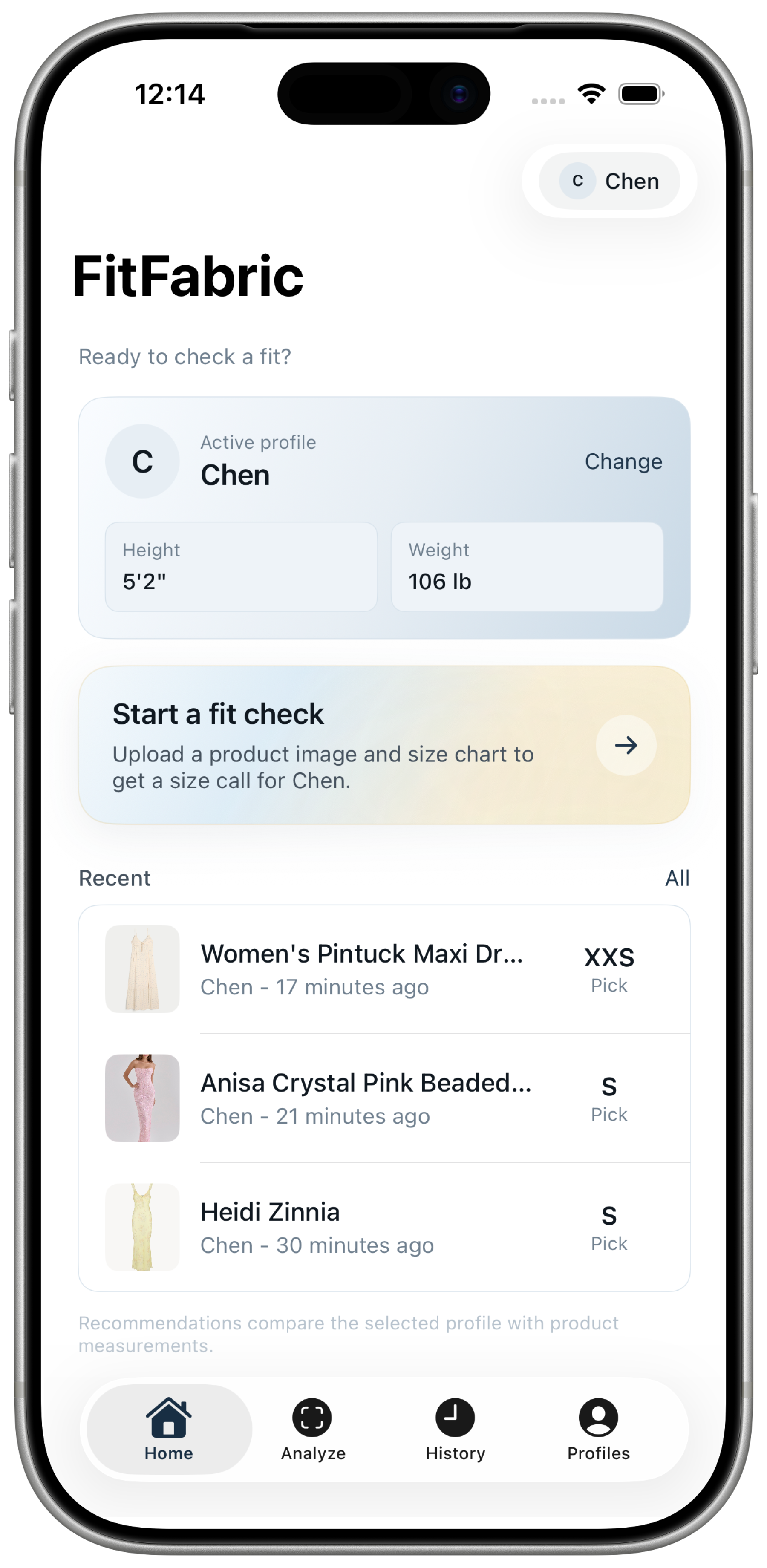 FitFabric app home screen showing an active profile, fit check entry point and recent recommendations